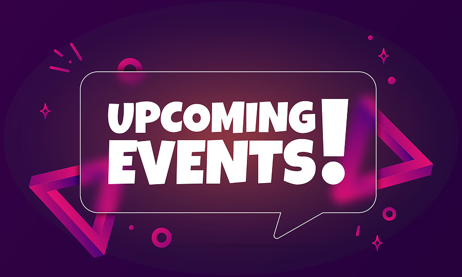 Upcoming events. Speech bubble banner with Upcoming events text. Glassmorphism style. For business, marketing and advertising. Vector on isolated background. EPS 10.